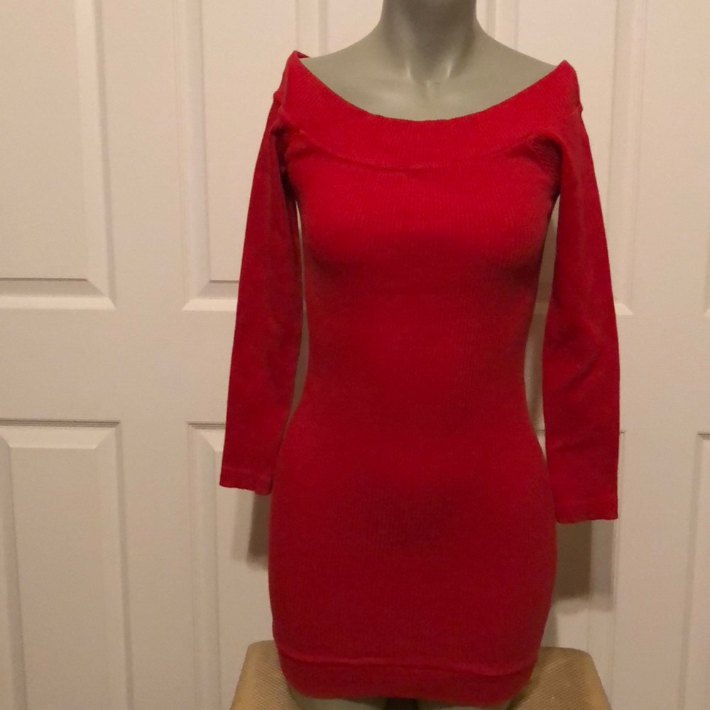 Red off shoulder sweater dress